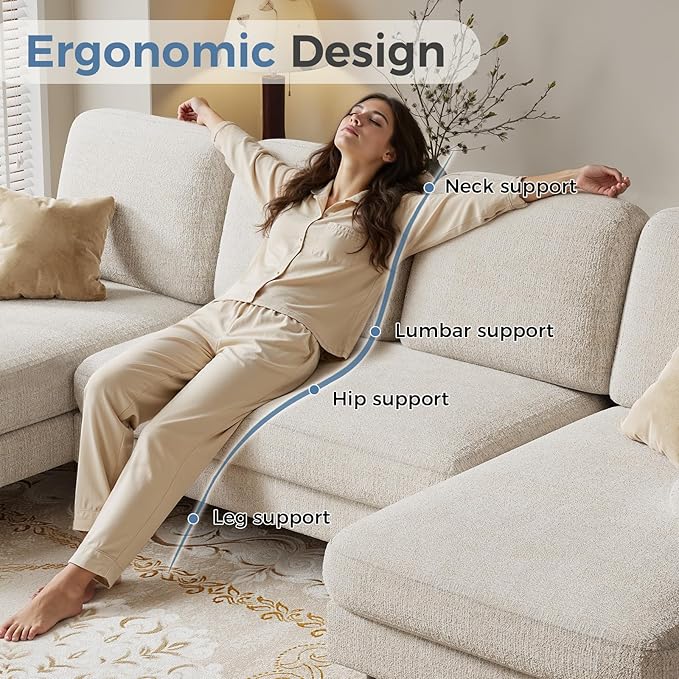 DUMOS Sectional Couches for Living Room, U Shaped Couch with Double Chaise Lounge, Modern Chenille Fabric 4-Seat Couch with Removable Pillows for Apartment/Small Space, Beige