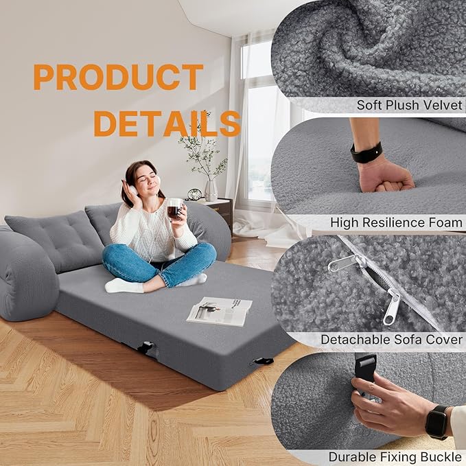 Rovibek 94" x 78" Oversized Floor Sofa with 4 Pillows, 3-in-1 Convertible Sleeper Sofa Bed, Compressed Couch in a Box for Living Room, Apartment, and Guest Room, Gray