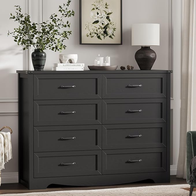 Dresser for Bedroom with 8 Drawers, 48" Wide Wood Chest of Drawers with Deep Drawers & Mental Handle, Modern Dresser TV Stand, Wooden Closet Storage Organizer for Living Room, Hallway, Entryway, Black - Image 8