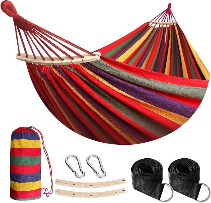 Anyoo Garden Cotton Hammock Comfortable Fabric Hammock with Spreader Bar Sturdy Hammocks Up to 450lbs Portable Lightweight Hammocks with Travel Bag for Camping Outdoor/Indoor Patio Backyard by Anyoo