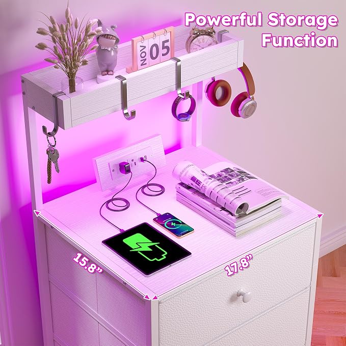EnHomee Nightstand with Charging Station & Led, Nightstand with 3 Fabric Drawers, Bedside Table for Bedroom,Entryway, Hallway, Closet, 4 Hooks, 1 top Shelf, White - Image 3
