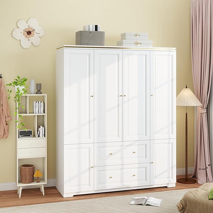 White Armoire Wardrobe Closet with Drawers: Wardrobe Closet for Hanging Clothes, Modern Bedroom Armoires with Hanging Rod, Wardrobes Closets with 4 Doors and Shelves (White, 59")