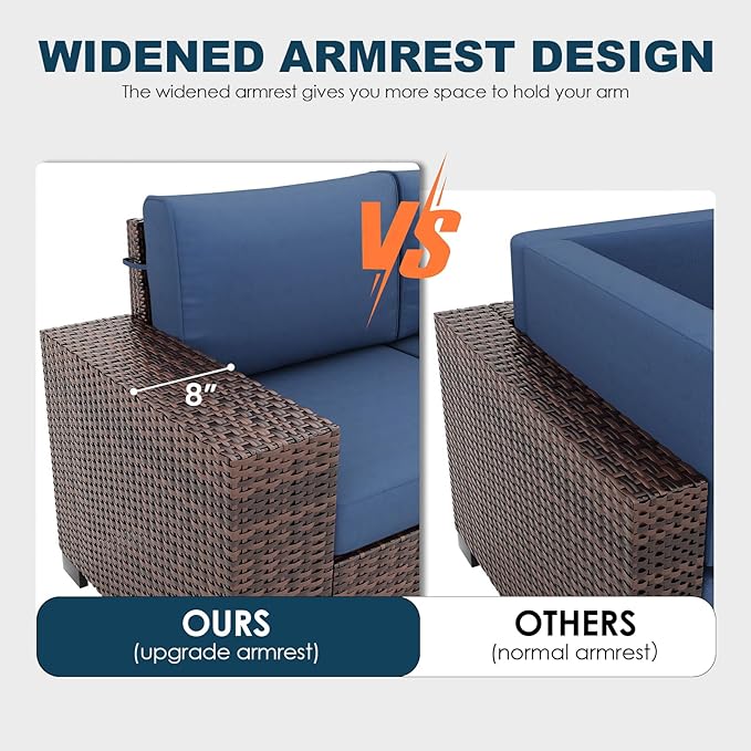 7 Piece Patio Furniture Set with Fire Pit Table, Outdoor Conversation Sets Wicker Rattan Sectional Sofa with Coffee Table for Patio Garden Backyard, 4'' Thickened Cushion Navy Blue