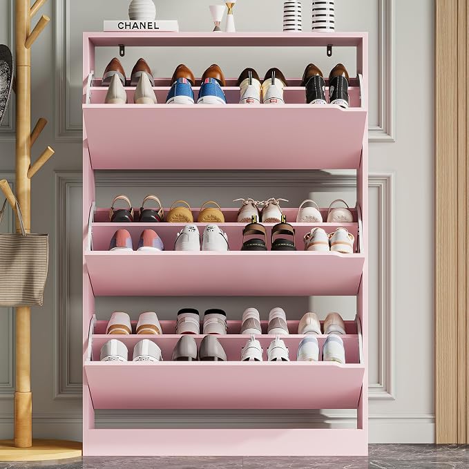 Xixini Shoe Storage Cabinet for Entryway with 3 Flip Drawers, Sturdy Wood Hidden Shoe Storage, Freestanding Narrow Slim Shoe Organizer for Front Door Entrance, Living Room, Hallway, Bedroom, Pink - Image 6