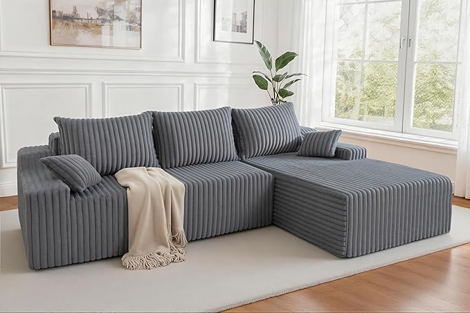 Homguava 94'' Cloud Sectional Couch, Modular L-Shape Couch with Chaise, Boneless Sofa with Deep Seat for Living Room Bedroom,No Assembly Required(Grey,Right Facing Chaise)