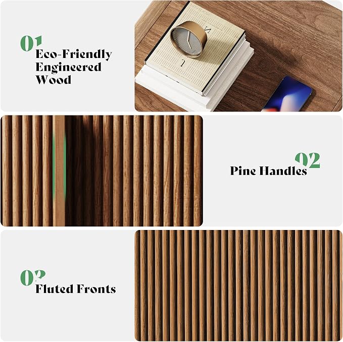 AMERLIFE Fluted Night Stand Set 2 with Storage Drawers, Modern Small Nightstand & Bedside Table with Open Shelf, Curved Profile Design & Pine Handles, Wood End Table for Bedroom, Walnut - Image 5