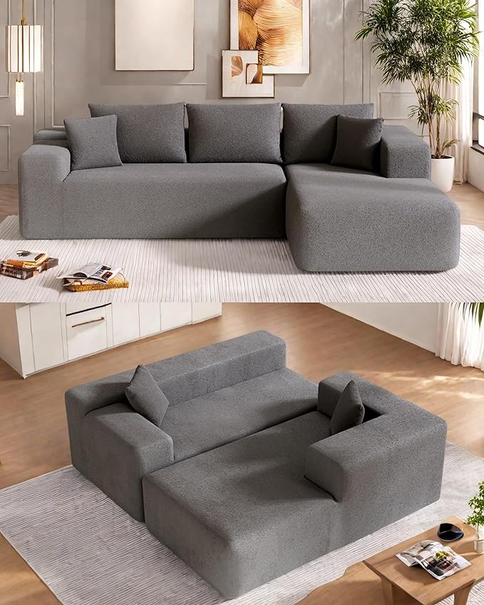 L-Shape Cloud Sectional Sofa, 104” Modern Modular Boneless Couch with Left Chaise Lounge, Compressed Floor Sofa with 5 Pillows & Deep Seat, Rain Drop Velvet Couch for Living Room, Light Gray