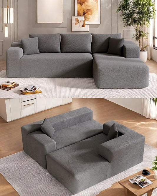 L-Shape Cloud Sectional Sofa, 104” Modern Modular Boneless Couch with Left Chaise Lounge, Compressed Floor Sofa with 5 Pillows & Deep Seat, Rain Drop Velvet Couch for Living Room, Light Gray
