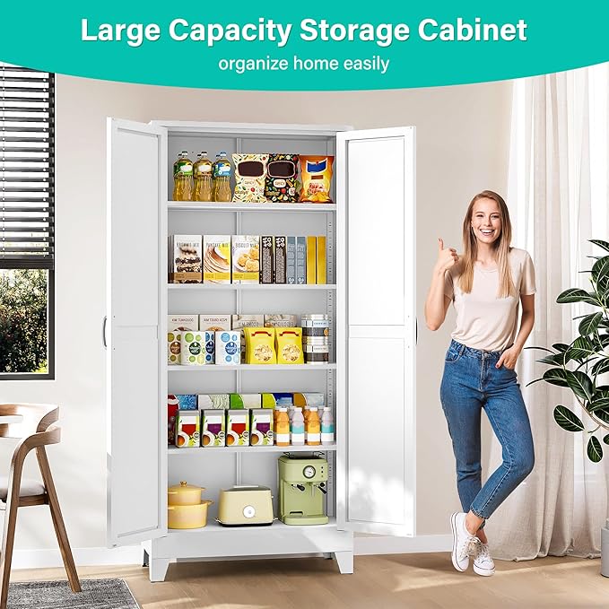 SISESOL Wide & Deep Pantry Storage Cabinet with 2 Doors and 5 Shelves,72" Tall Farmhouse Storage Cabinet,Large Cupboard Closet,White Cabinets for Home,Kitchen,Bathroom,Dining/Living Room