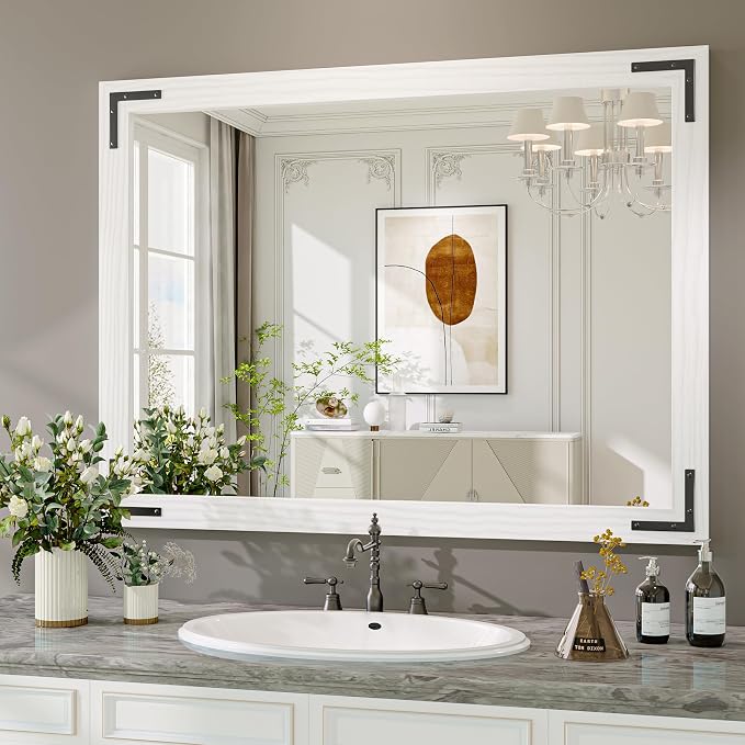 White Farmhouse Bathroom Mirror, 40x30 Inch White Wooded Framed Vanity Mirror for Wall, Rectangular Rustic Wall Decor Mirrors for Entryway Living Room Bedroom by JIINGYO