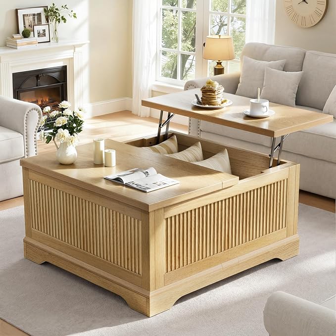 Lift Top Coffee Table with Storage,Fluted Coffee Tables with Lifting Top,Modern Farmhouse Square Center Table for Living Room, Home Office, with Hidden Compartment, Flip-Up Lids, Natural Oak
