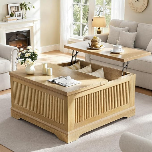 Lift Top Coffee Table with Storage,Fluted Coffee Tables with Lifting Top,Modern Farmhouse Square Center Table for Living Room, Home Office, with Hidden Compartment, Flip-Up Lids, Natural Oak