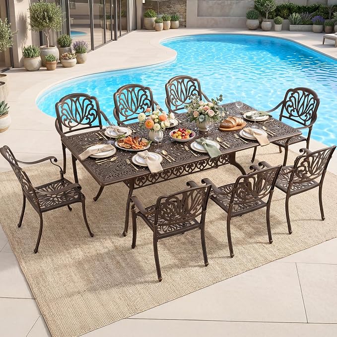 VINGLI 9-Piece Cast Aluminum Outdoor Dining Set for 8, Rectangular Patio Table with Umbrella Hole & 8 Stackable Chairs, All-Weather Garden/Poolside Furniture - Image 2