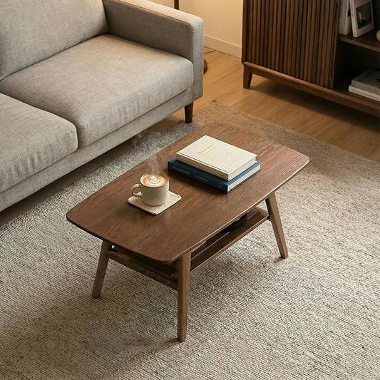Mid Century Modern Coffee Table: 100% Solid Wood Coffee Table - 2-Tier Storage Design - Space Saving Small Coffee Tables for Living Room, Apartment (Walnut, 31.49")