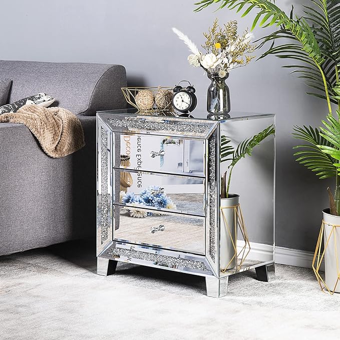 VINGLI Mirrored Nightstand Glass End Table, 23" W Silver Night Stand for Bedroom, Mirrored Bedside Table with Storage, Glass Mirror Nightstand by VINGLI
