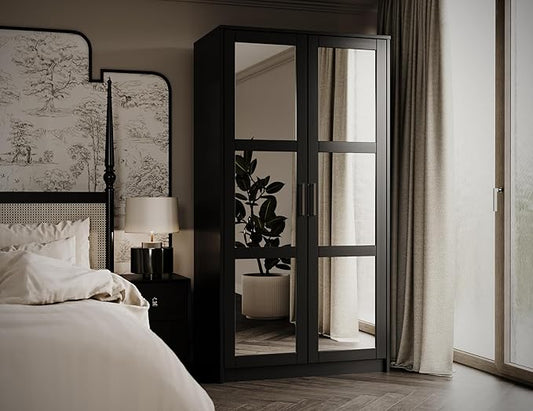 Palace Imports Solid Wood Urban 2-Door Wardrobe Armoire Closet with Mirrored Doors – Black Wooden Closet, 37.75" W x 72" H x 21.75" D, 100% Eco-Friendly Pine, Made in Brazil
