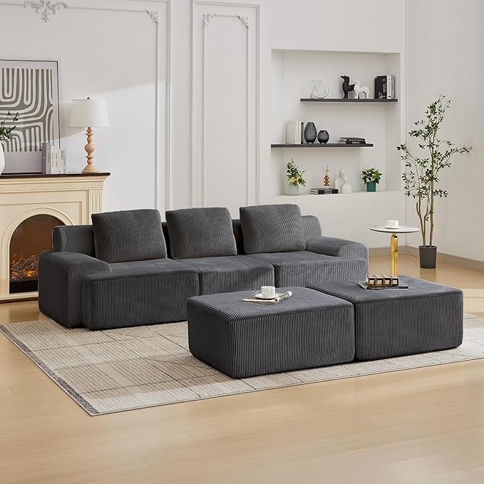 Modular Sectional Sofa with Movable Ottoman, 3 Seat Deep Seat Couch with 3 Pillows, Comfy Cloud Sectional Sofa for Living Room, Bedroom and Apartment (Grey, 1 Left+1 Right+1 Middle+2 Ottoman)