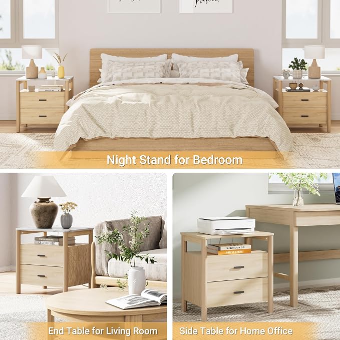 Night Stand Set 2, 23" Nightstands Set of 2, Modern Nightstand with Charging Station & Faux Marble Top, 2 Drawer End Table with Solid Round Post Legs, Bedside Table for Bedroom, Natural Oak - Image 5