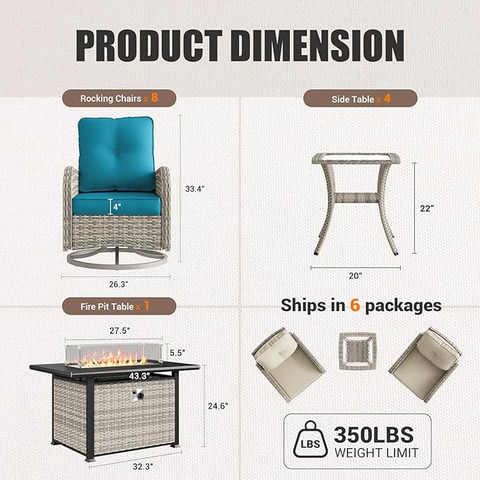 13Pcs Patio Rocking Swivel Chair with 55,000 BTU Fire Pit Table Outdoor Wicker Rattan Bistro Set with Tempered Glass Side Table, Outdoor Patio Furniture Set for Garden and Balcony, Turquoise
