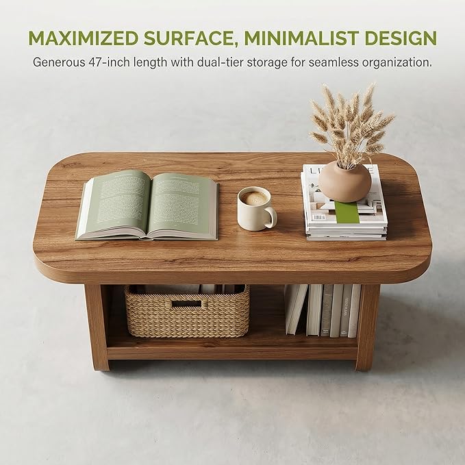 LITTLE TREE Wooden Coffee Table, 47.2" Center Table with Storage, Modern Farmhouse Rectangle Living Room Tables with Rounded Corners for Living Room, Bedroom, Kids Room, Home Office, Brown