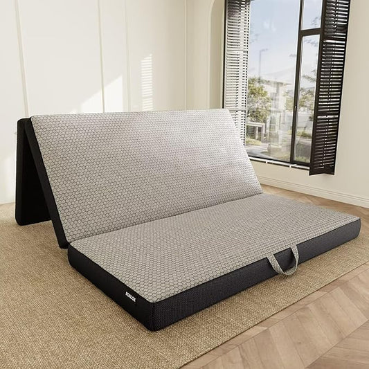 ROXGOX Memory Foam Trifold Mattress, Queen Portable Floor Bed 4 Inch, Foldable Mat with Washable Cover, Handle & Non-Slip Bottom, for RV, Travel, Camping, Yoga, 78"x58"x4", Grey