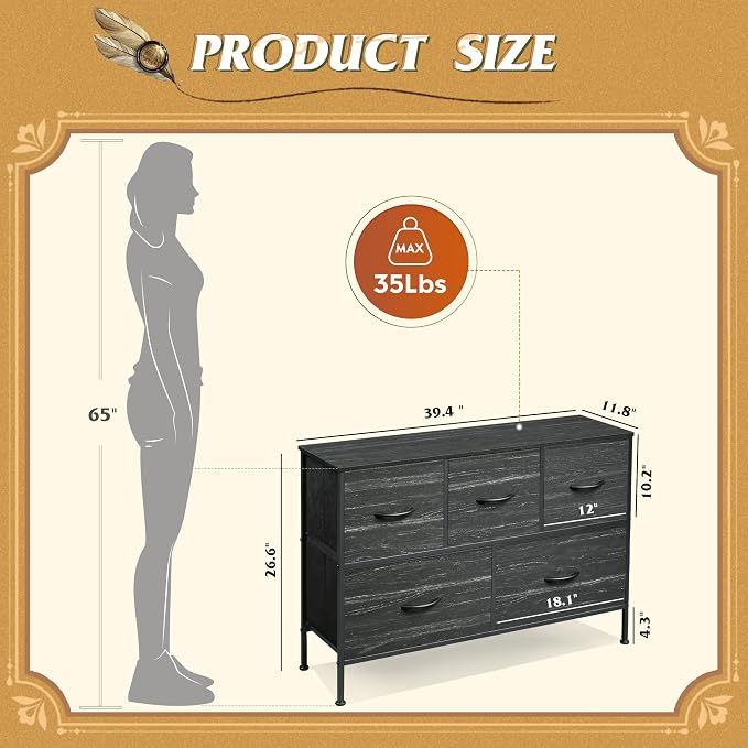 WLIVE Dresser for Bedroom with 5 Drawers, Long Storage Dresser, Fabric Dressers, Storage Drawer Unit with Fabric Bins for Closet, Hallway, Charcoal Black Wood Grain Print, Size L - Image 3