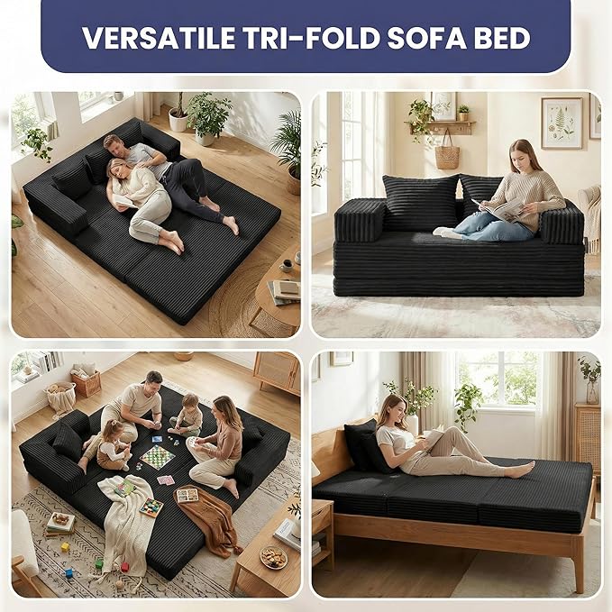 Convertible Sofa Bed, 4-in-1 Boneless Loveseat with Removable Armrests Backrest, Corduroy Futon Couch Bed with Pillow, Foldable Mattress Sleeper Sofa for Living Room Bedroom Small Place (Black)