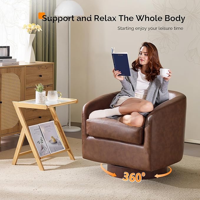 VINGLI 360°Swivel Accent Chair with Engineered Wood Base and Removable Cushion for Living Room, Bedroom, Curved Back Barrel Chair for Small Space, Upholstered Bucket Armchair, Pu-Brown