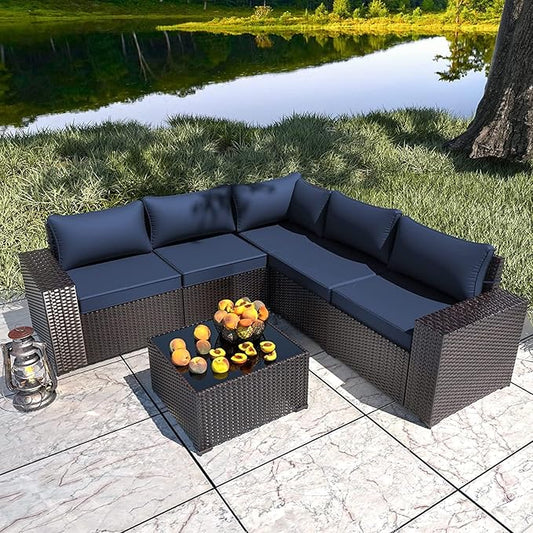 6 PCS Outdoor Patio Furniture Set,Outdoor Sectional Furniture All Weather PE Rattan Wicker Patio Conversation Set with Coffee Table and 5 Thickened Cushions,Navy Blue