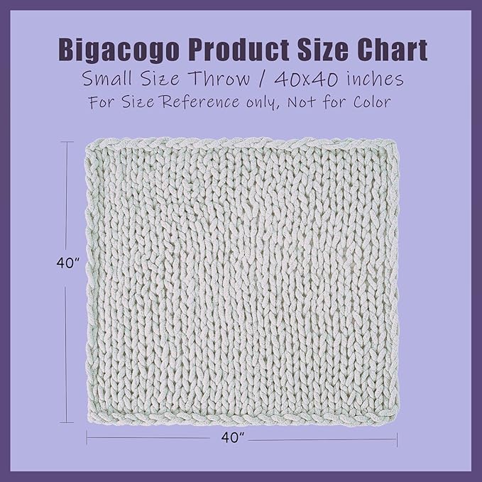 Bigacogo Chunky Knit Throw Blanket for Couch, 40x40 inches, 100% Hand Knitted with Thick Jumbo Chenille Yarn, Cozy Soft Large Rope Knot Cable Crochet Blankets for Sofa Bed Living Room, Mint