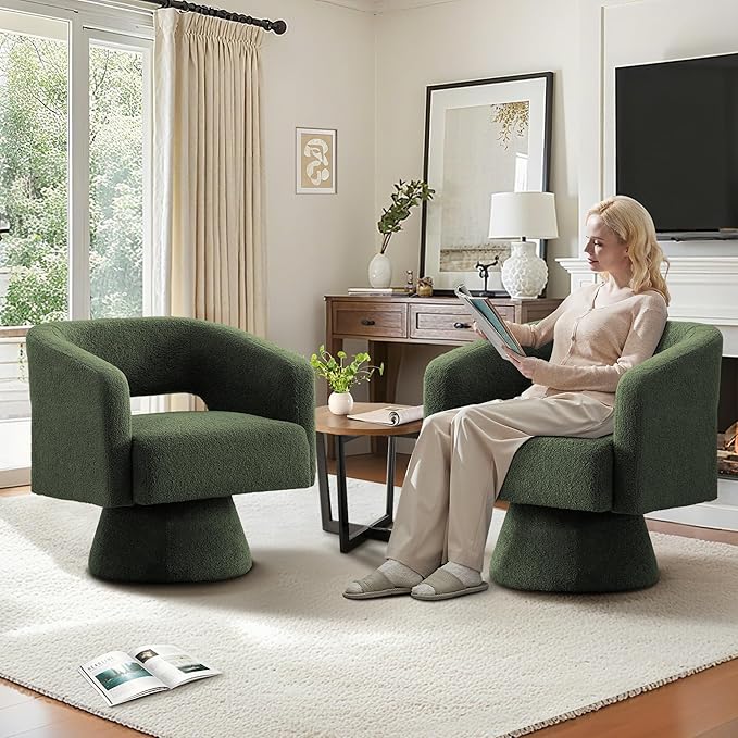 ClinQ Swivel Barrel Accent Chair, Oversized Teddy Upholstered Round Swivel Chairs Set of 2, Modern Luxury 360° Living Room Vanity Chair for Bedroom Office&Living Room, Green