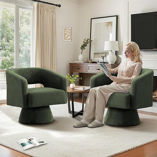 ClinQ Swivel Barrel Accent Chair, Oversized Teddy Upholstered Round Swivel Chairs Set of 2, Modern Luxury 360° Living Room Vanity Chair for Bedroom Office&Living Room, Green