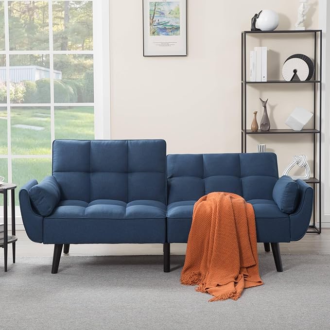 Convertible Futon Sofa Bed, Modern Futon Couch with 2 Pillows, Small Futons Couch with Adjustable Armrest & Backrest, Loveseat Sofa Bed for Living Room, Bedroom, Blue