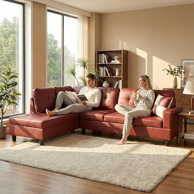 103.5 Inch Modern L-Shaped Couch, Faux Leather Sectional Sofa with Chaise Lounge, 4-Seater Couch with Accent Pillows for Living Room, Apartment, Dark Red