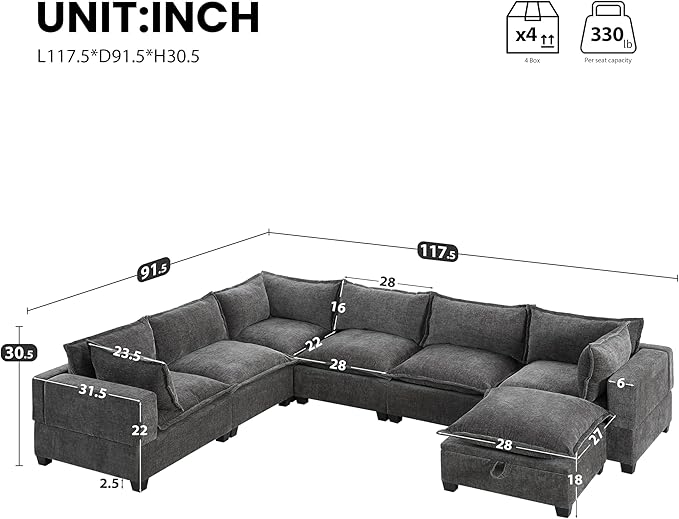Merax Modern Oversized U-Shaped Sectional Sofa with Piollows & Chaise Lounge, Chenille 7-Seat Couch Set Sleeper Bed with Storage Ottoman for Living Room Gray