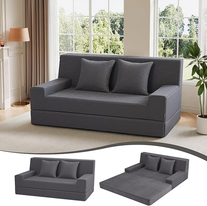 MeMoreCool Folding Futon Couch Queen – Boneless Corduroy Sofa Bed, Convertible Foam Floor Lounger with Pillow & Washable Cover, Foldable Sleeper for Living Room, Bedroom, Guest Space