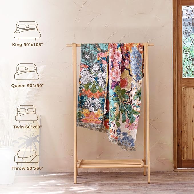 LUTBM Boho Throw Blanket for Couch Sofa Chair Cotton Spring Blankets for Bedroom Living Room All Season Soft Lightweight Reversible Floral Embroidery Breathable Decorative Throws 50"x60"