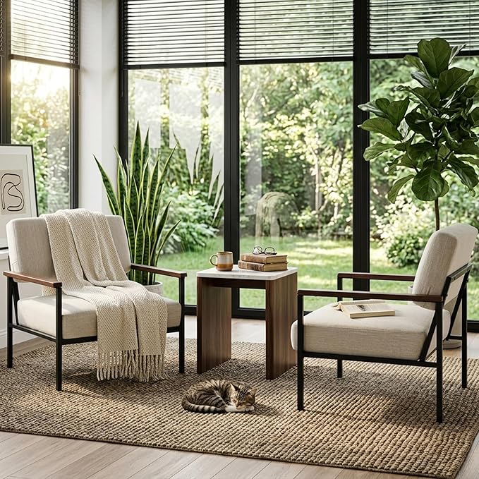 LIVINOVA Mid Century Modern Accent Chair Set of 1, Beige Linen Upholstered Armchair with Black Metal Frame, Comfortable Lounge Reading Chair for Living Room, Bedroom, Office Reception