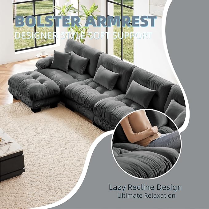 173.2" U-Shaped Cloud Couch, Oversized Modular Sectional Sofa, Deep Seat Cloud Boneless Couch, 4-Seat Modular Sectional Sofa with 2 Ottoman or Living Room,Bedroom and Apartment, Gray