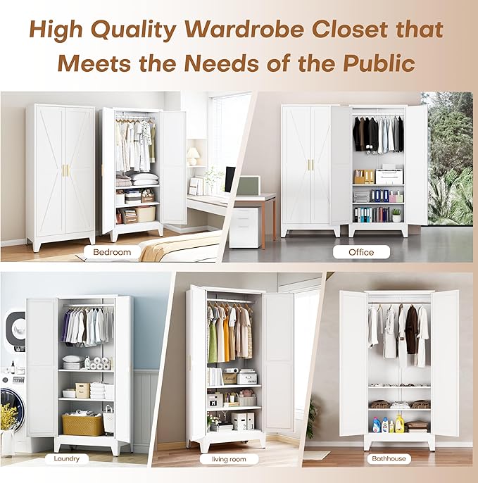 Metal Armoire Wardrobe Closet with Doors and Shelves, 71" Tall Metal Wardrobe Closet with Hanger Rod and Clothing Shelf, White Farmhouse Bedroom Armoire Steel Storage Cabinet for Bedroom