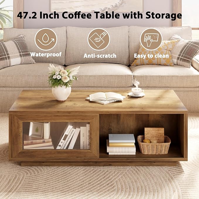 HSH Rustic Coffee Table with Storage, Low Coffee Table for Living Room, Long Rectangle Wood Coffee Tables,Farmhouse Large Center Tables with Sliding Door, Rustic Oak, 47 Inch