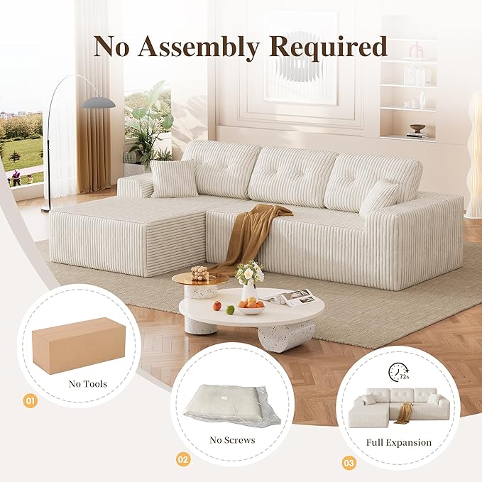 Ball & Cast 106" Boneless Sectional Sofa, Corduroy Modular L Shaped Couch with Deep Seat Chaise, Cloud Style Oversized Sectional Couch for Living Room, No Assembly, Left Facing, Beige