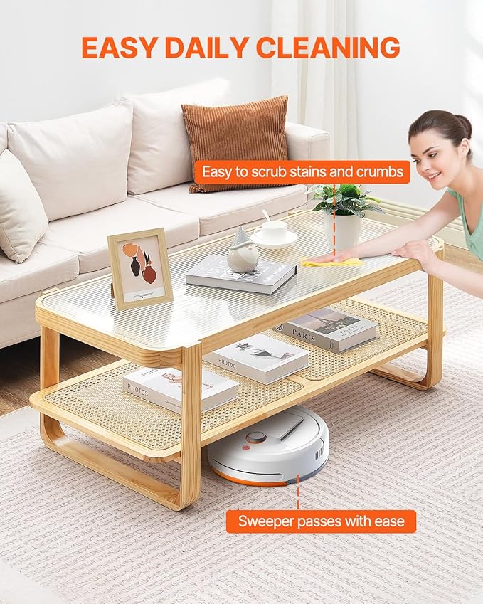 VEVOR Rattan Coffee Table, Rectangle Rattan Woven Wood Coffee Table with Tempered Glass Top, 45-Inch Modern Boho Storage Coffee Table with Natural Wood Legs, for Living Room, Bedroom & Small Spaces