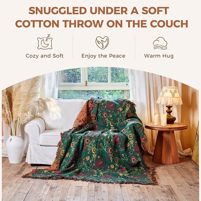 Boho Throw Blanket for Bed 100% Cotton Soft Lightweight Quilt Home Decor Breathable Spring Bed Blanket,Floral Embroidery Reversible All Season Blankets for Sofa Couch Chair 90"x98"