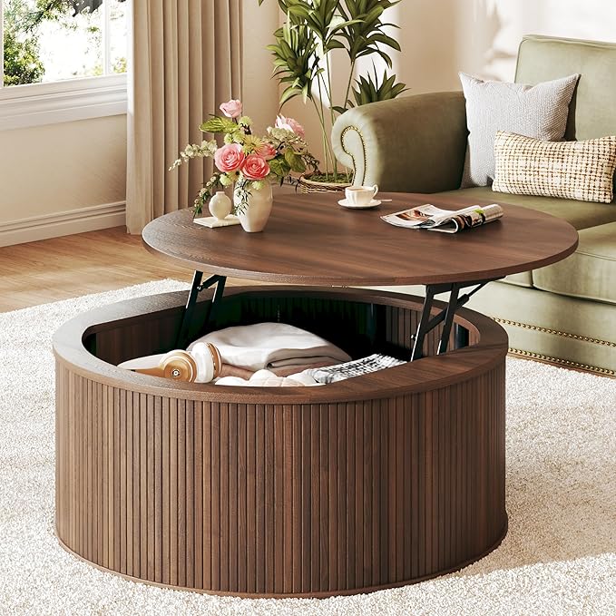 Round Coffee Table with Storage, 31.5" Lift Top Coffee Table, Mid Century Modern Coffee Tables for Living Room, Apartment Office, Fluted Table with Rustic Wood Desktop, Walnut