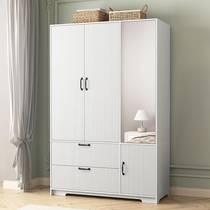 Armoire Wardrobe Closet with Mirror Door, Fluted White Storage Cabinet for Hanging Clothes,Bedroom Large Capacity Freestanding Armoire with Hanging Rod,Adjustable Shelves and Hooks(White)