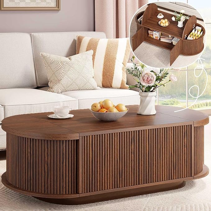 HSH Oval Coffee Table with Storage, 47” Modern Coffee Table with Press Type Door, Fluted Living Room Tables with 2 Flip-Top Hidden Lids, Wood Center Table for Living Room, Office, Walnut