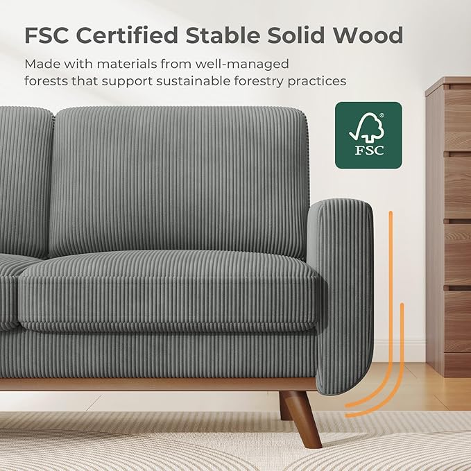 68" Dark Gray Corduroy Loveseat Sofa, Comfy Deep Seat Couch with Spring Cushion & Solid Wood Frame, Modern 2-Seater Sofa for Living Room Bedroom Office