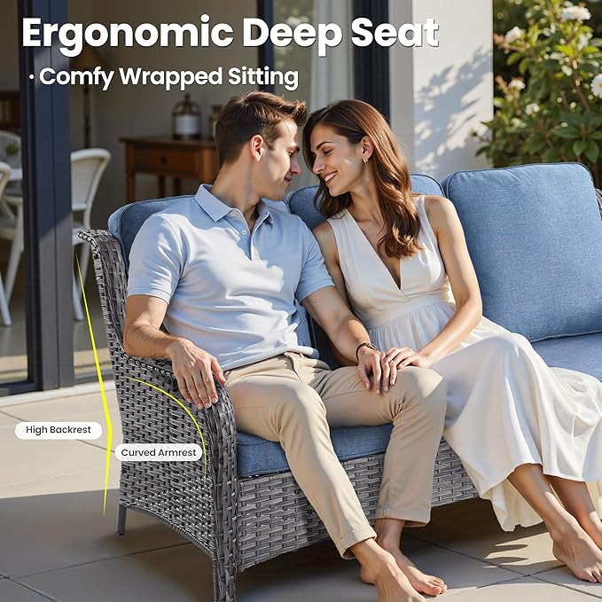 ovios 6-Piece Patio Furniture Set with Swivel Chairs Coffee Table, Outdoor Wicker Sofa with Comfy Cushions, High Back Couch Modern Conversation Sets, Grey/Denim Blue