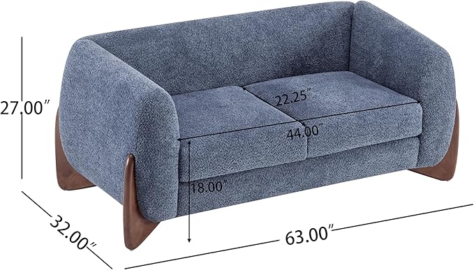 Merax 63 Inch Modern Boucle Upholstered 2-Seater Sofa, Chenille Fabric Loveseat with Solid Wood Legs, Low Profile Small Couch for Living Room, Navy Blue